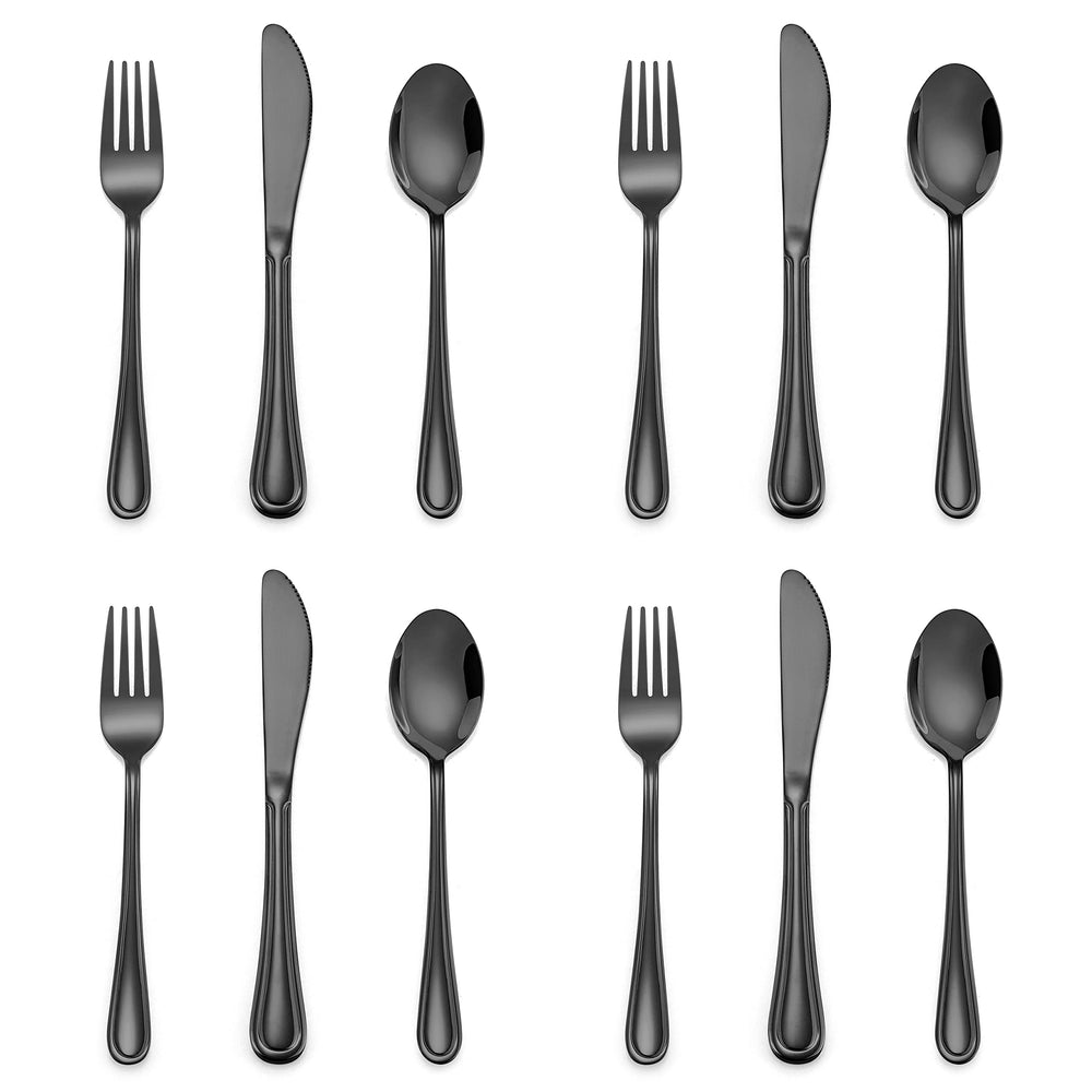 E-far 12-piece black kids silverware set with slimline design for independent mealtime.