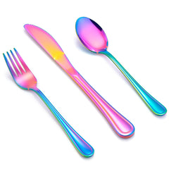 E-far Rainbow kids silverware set closeup shows durable metal finish for meals.
