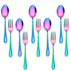 E-far rainbow toddler utensils set with 5 forks and 5 spoons supports independent eating.