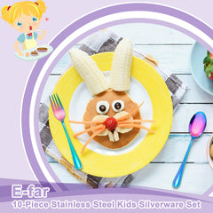 E-far rainbow toddler utensils nickel-free and rust-resistant for kid-friendly meals.