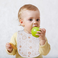Egmao Cosmos bib close-up shows absorbent three-layer cotton.