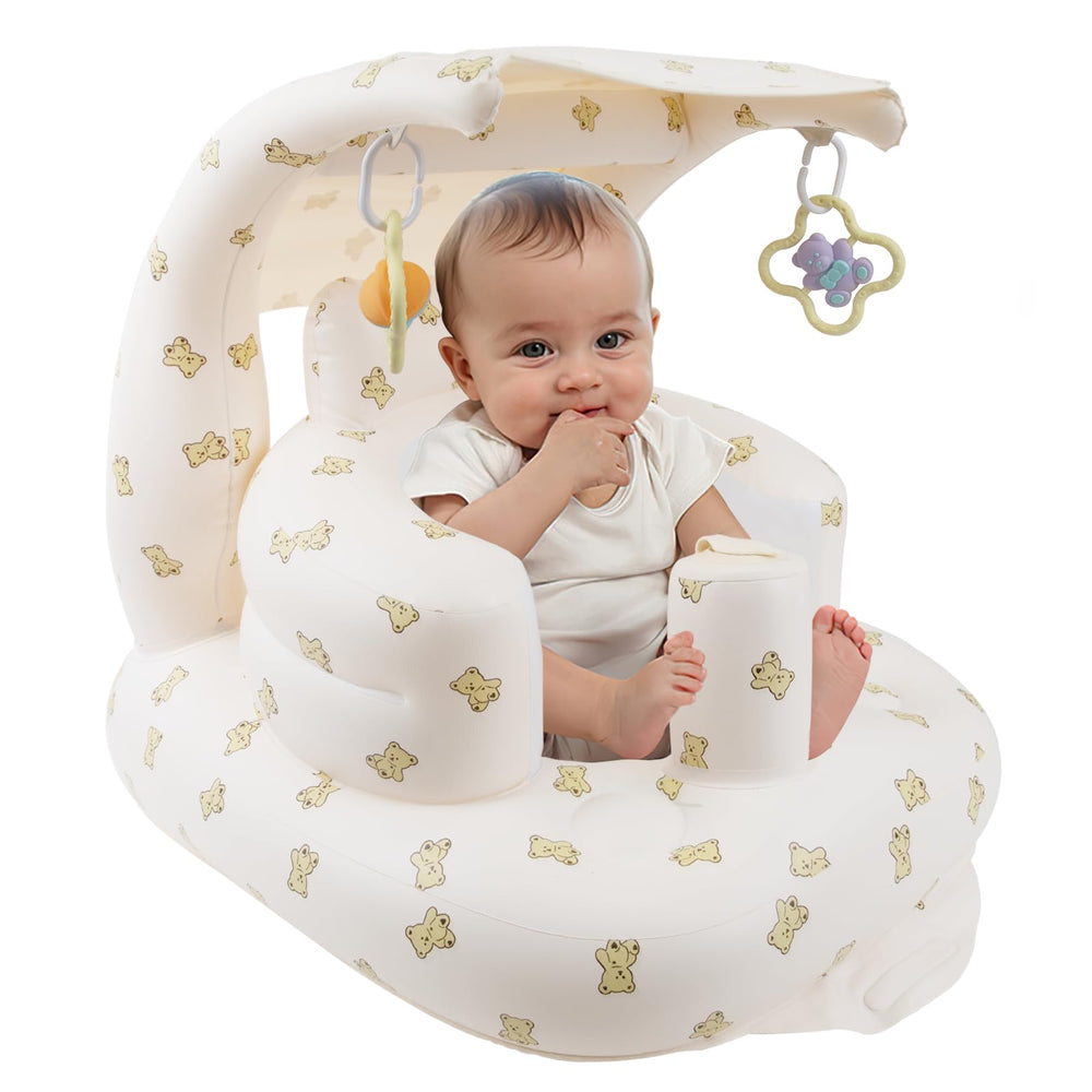 EKEPE Bear inflatable baby chair canopy shields sun during outdoor play.