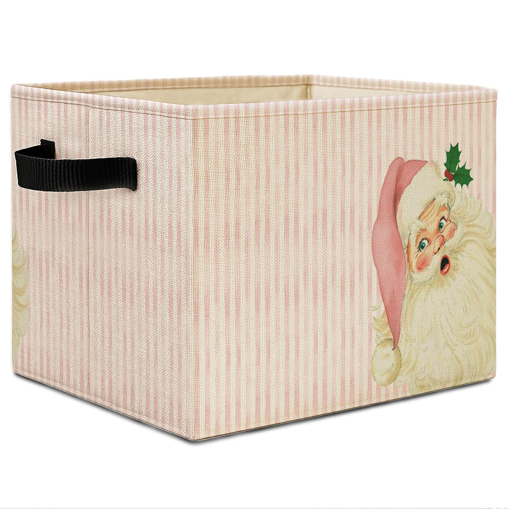 Elefeltclave Pink Santa storage bin folded flat offers space-saving closet storage.