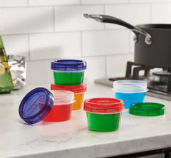 Elegant Disposables baby food container with blue lid supports separate fruit, veggies, cereals.