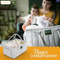 Eleghaunt diaper caddy in car use demonstrates portable storage for on-the-go parents.