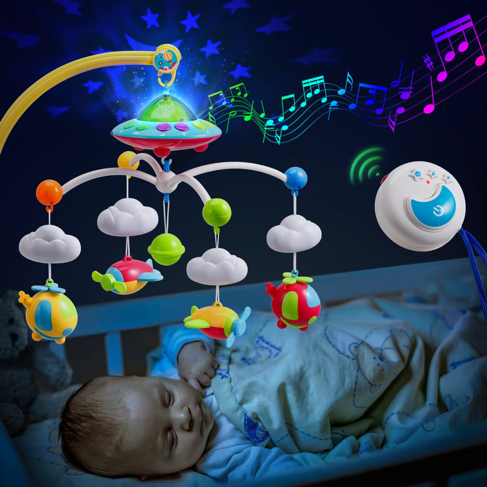Elf Lab baby crib mobile with plane pendants spinning softly to engage infant
