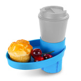 Elfzone car seat tray blue cupholder demonstrates secure snack surface on the go.