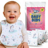 Eli with Love unicorn print bib with waterproof protection during meals.