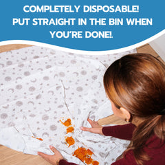 Eli with Love disposable folded splat mat fits neatly in a bag.