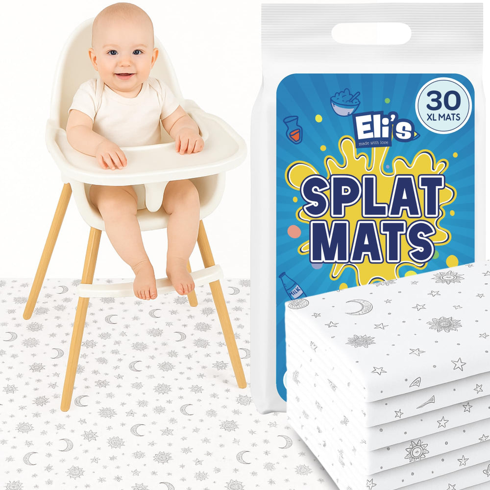 Eli with Love moon-stars 30-pack splat mats rolled for easy transport and quick cleanup.