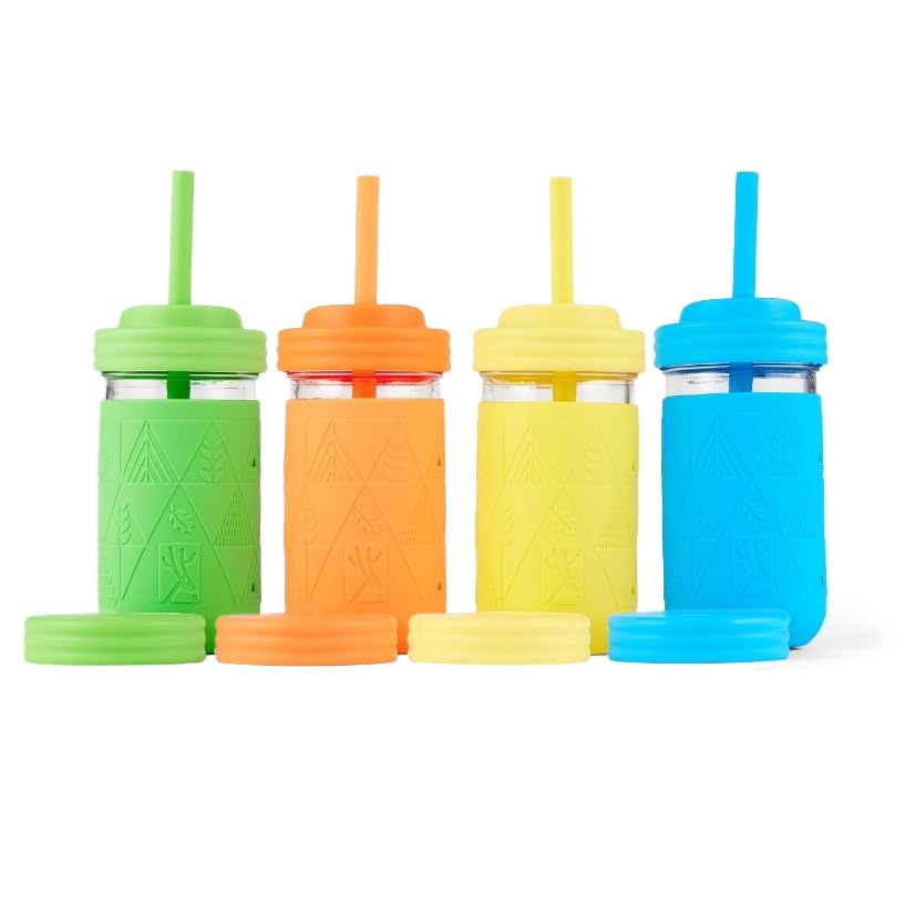 Elk and Friends 12oz kids glass jar with sleeve for easy, confident gripping.