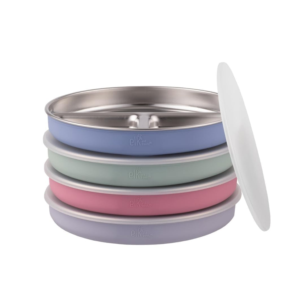 Elk and Friends divided plates set featuring four stainless steel plates for tidy meals.