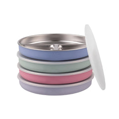 Elk and Friends divided plates set featuring four stainless steel plates for tidy meals.