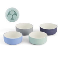 Elk and Friends bowls with suction sleeve set up for mess-free toddler meals.