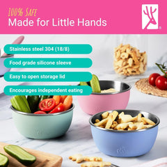 Elk and Friends self-feeding bowls support independent eating with non-slip silicone sleeve.