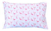 Ella & Max pink flamingos on white pillowcase for cozy toddler snuggles.