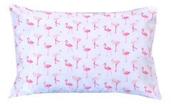 Ella & Max pink flamingos on white pillowcase for cozy toddler snuggles.