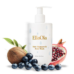 ELLAOLA tear-free shampoo bottle shows gentle plant-based cleansing for sensitive baby skin