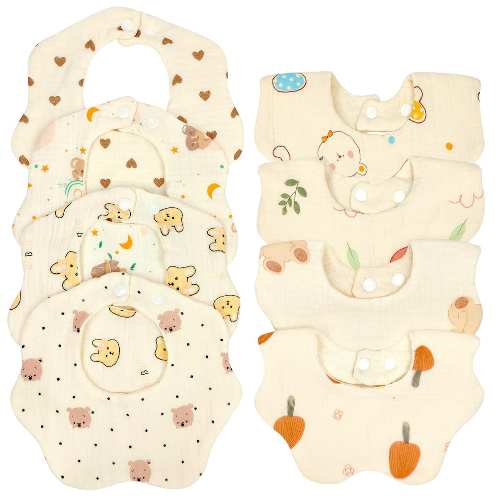 EllieHouse 8-pack muslin bibs show drool absorption and gentle softness.