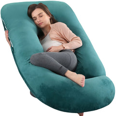 Elover full-body pregnancy pillow in forest green velvet cover supports back and belly.