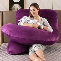 Elover pregnancy pillow side view highlighting ergonomic contour for side sleeping comfort.