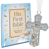 Elskandi baby boy first bible and crib cross set displayed in a nursery—perfect keepsake.