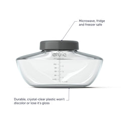 Elvie BPA-free plastic highlights durable, discoloration-resistant storage bottles.