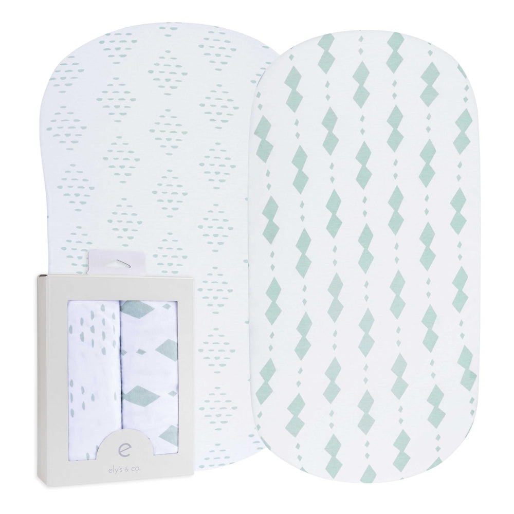 Ely's & Co Bassinet Sheets Sage Diamond pack front view showing snug fit and breathable cotton