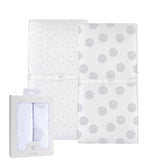 Ely's & Co. changing pad cover closeup Grey Dottie pattern on soft Jersey cotton for baby comfort