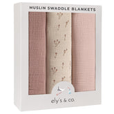 Ely's & Co. muslin swaddle blanket 3-pack mauve front view shows soft cotton fabric