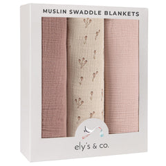 Ely's & Co. muslin swaddle blanket 3-pack mauve front view shows soft cotton fabric