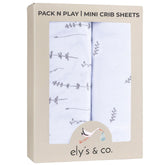 Ely's Co Pack N Play sheets folded with forest grey floral pattern for cozy naps