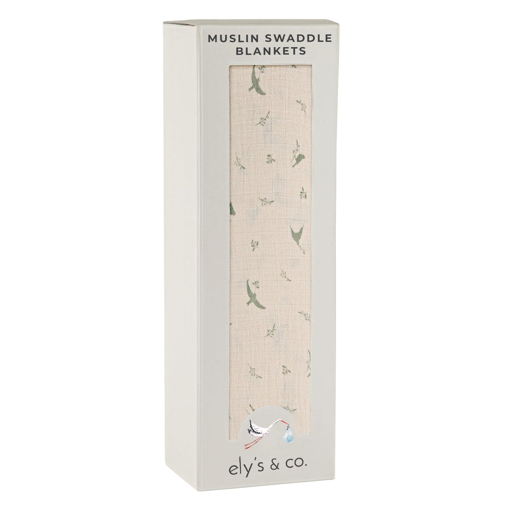 Ely's & Co sage bird swaddle closeup highlights breathable 100% cotton for gentle newborn comfort.