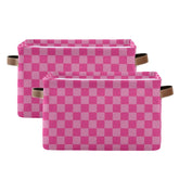 Emelivor pink checkered storage bin, side view, keeps clutter organized in bedrooms.