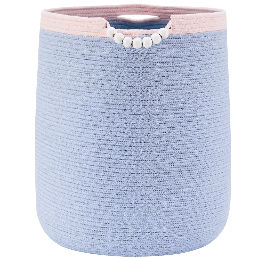 ENAORGAN 90L blue rope laundry hamper front view ideal for toy storage in nurseries.