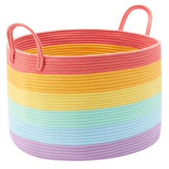 enaorgan rainbow basket full view shows versatile toy and blanket storage in living room