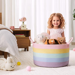 ENAORGAN rainbow basket in living room blending decor with storage.