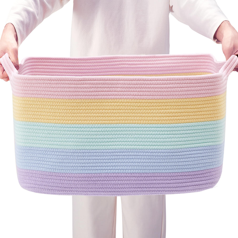 ENAORGAN rainbow cotton rope storage basket full shot highlights large 75L capacity for toys and blankets