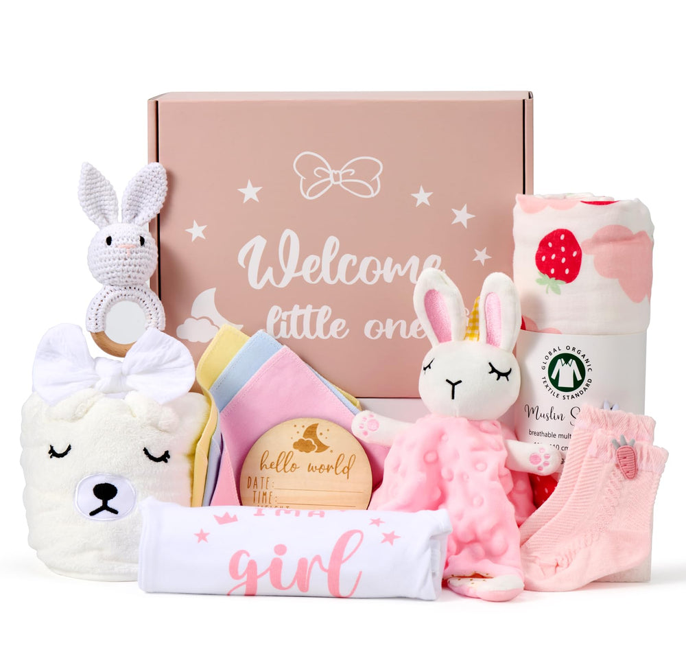 Encausto baby girl gift basket front view, perfect for effortless newborn gifting.