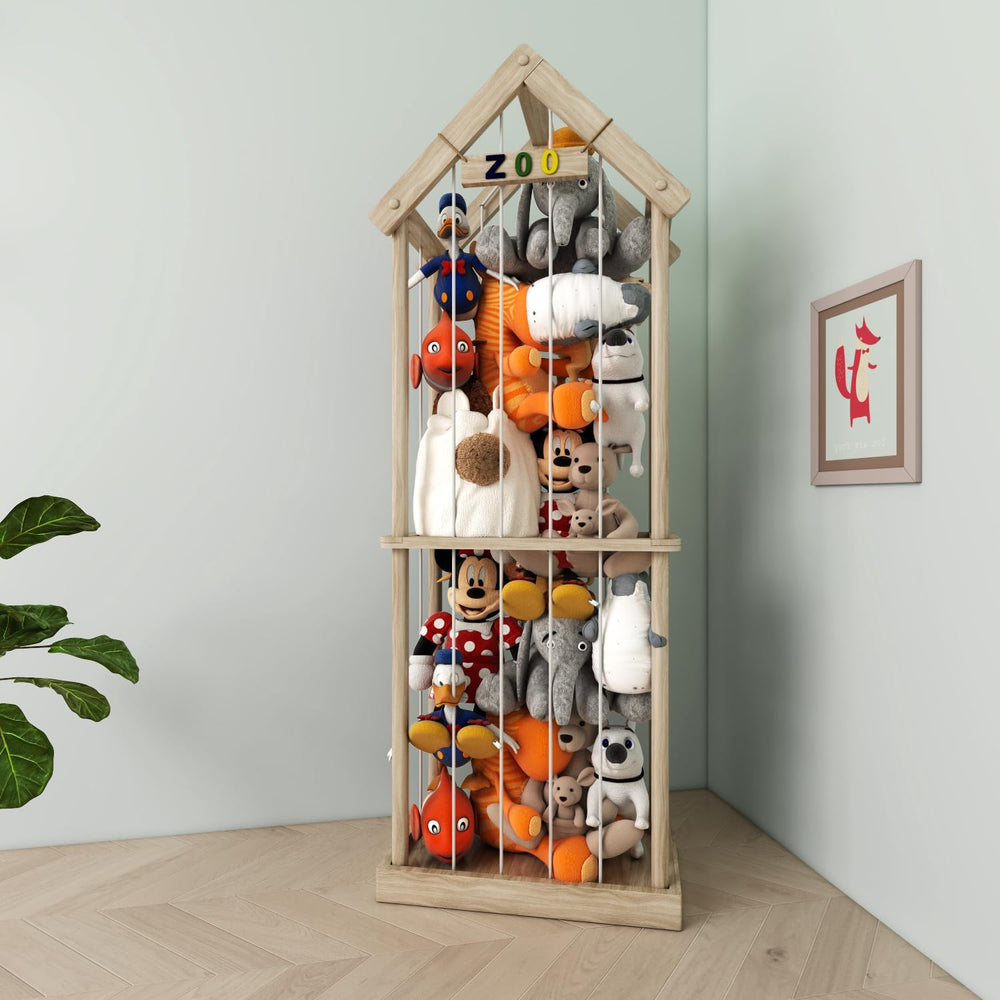 Eniffbaa stuffed animal storage zoo side view showing sturdy pine frame for toy organization.