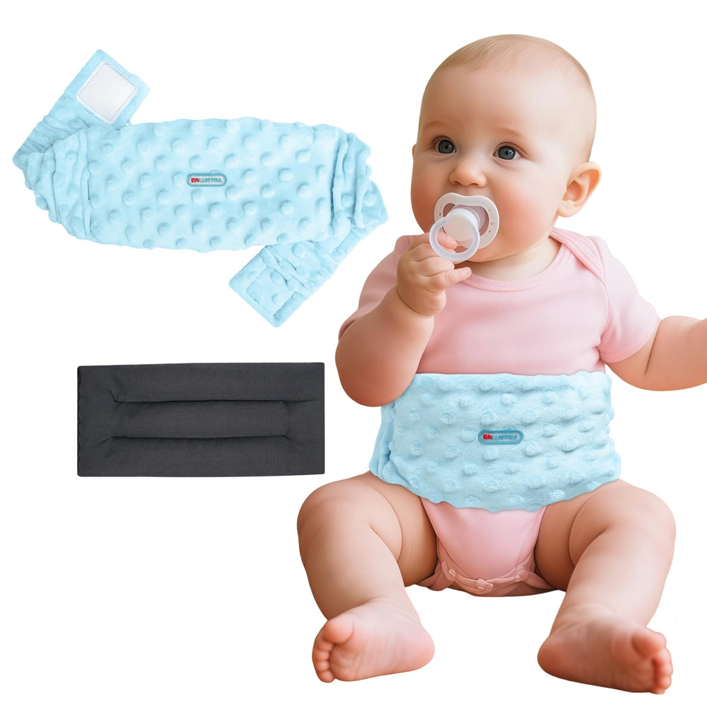 ENLUNTRA flaxseed tummy wrap on baby delivers gentle warmth for comforting fussiness.