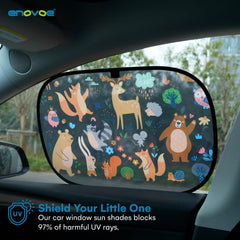 Enovoe car window shades installed in an SUV to block harsh sun on a road trip.
