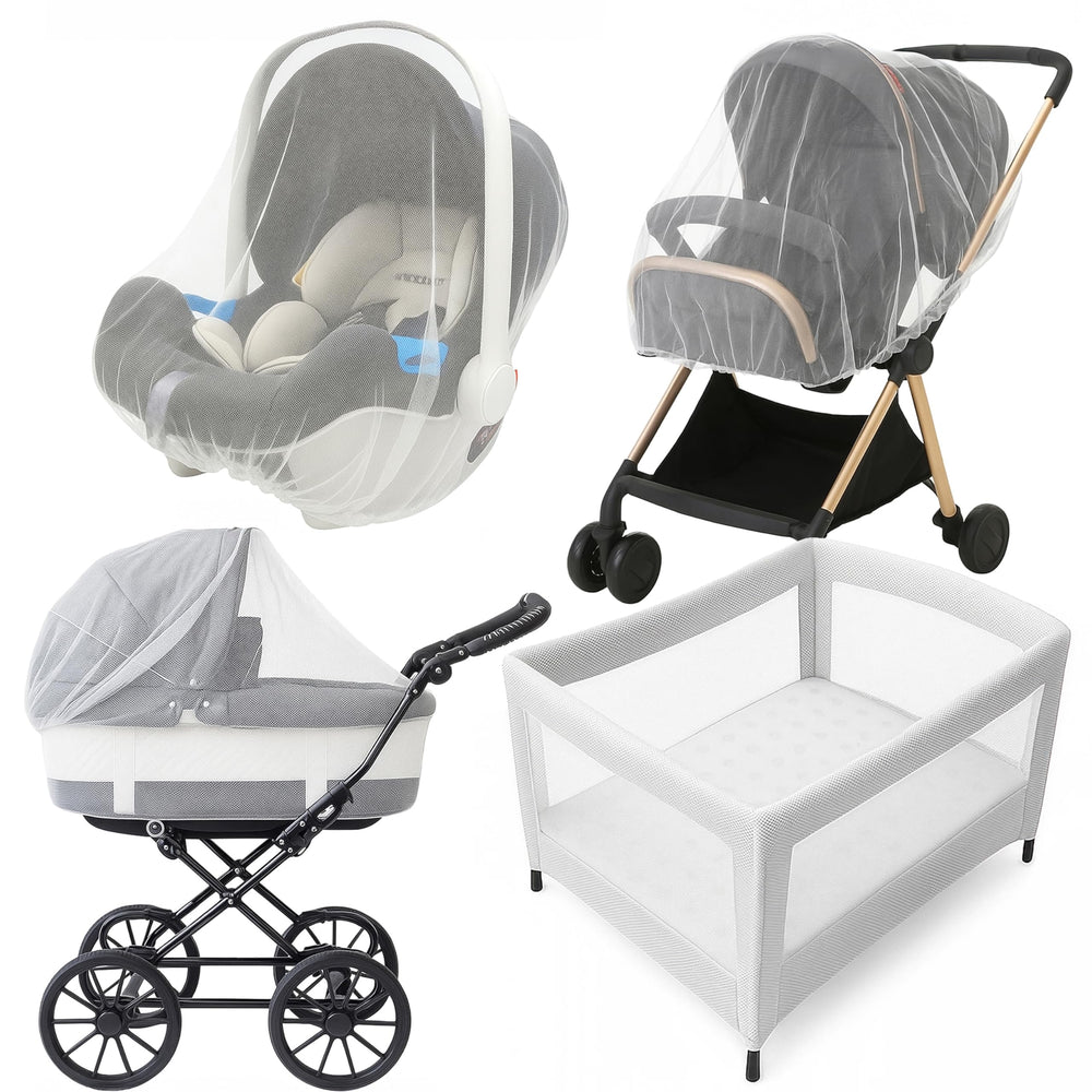 Enovoe mosquito net over a stroller in white protects baby from insects during a sunny walk.