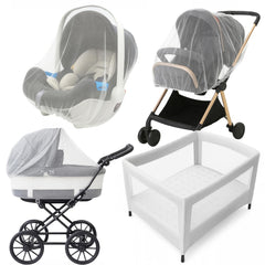 Enovoe mosquito net over a stroller in white protects baby from insects during a sunny walk.