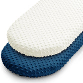 Entisn bassinet sheet set in navy dot design offers a soft, cozy sleep surface.