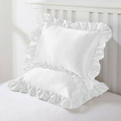 Entisn Ruffle Satin Toddler Pillowcase closeup shows the decorative 3-inch ruffle.