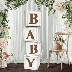 Eploger wood grain baby shower box arranged as an elegant centerpiece