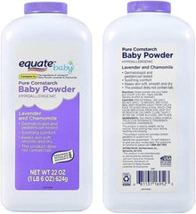 Equate baby powder lavender-chamomile packaging: talc-free, gentle formula for sensitive skin.