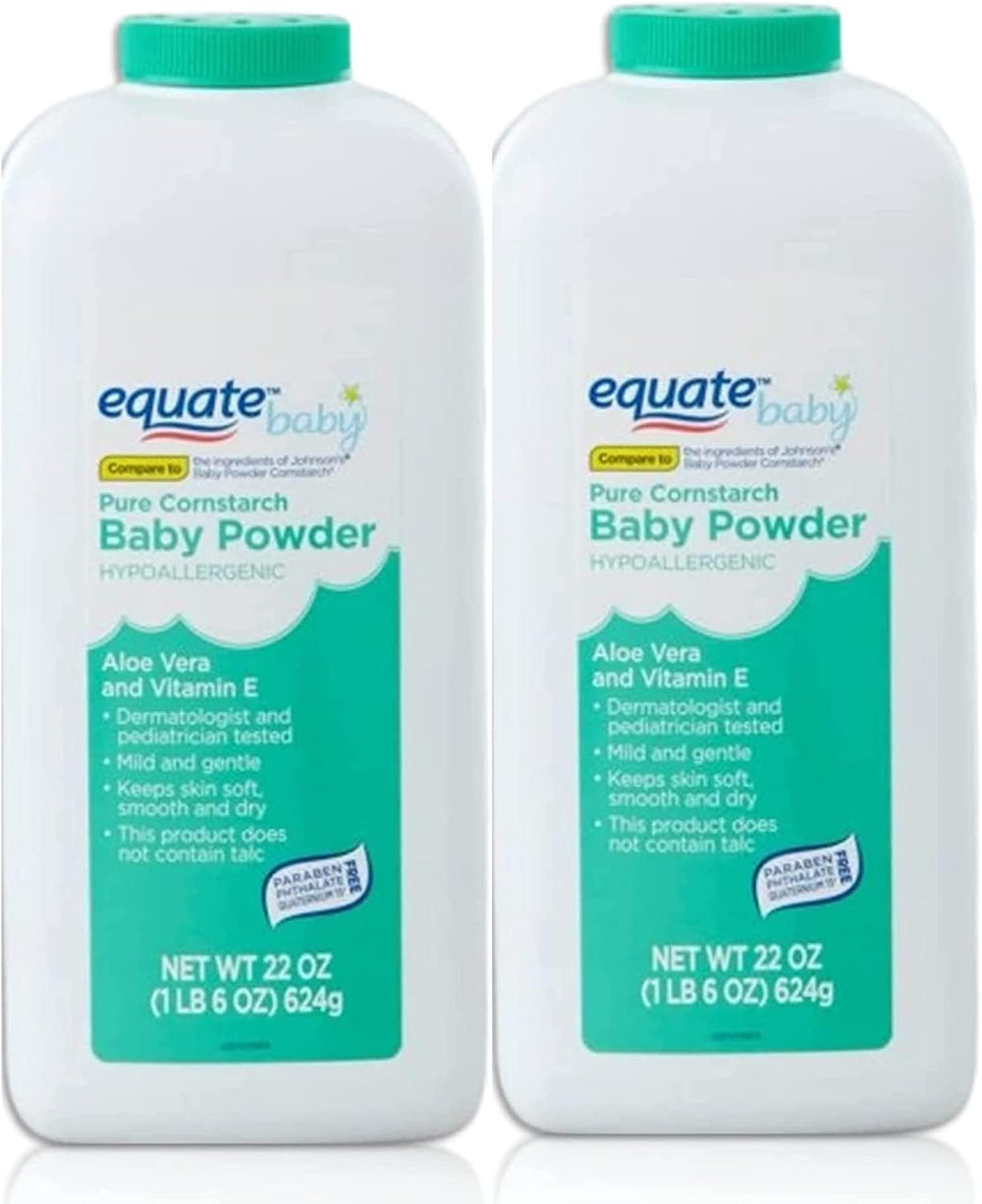 Equate Pure Cornstarch Baby Powder bottle shows aloe and vitamin E for gentle moisture control.