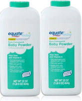 Equate Pure Cornstarch Baby Powder bottle shows aloe and vitamin E for gentle moisture control.